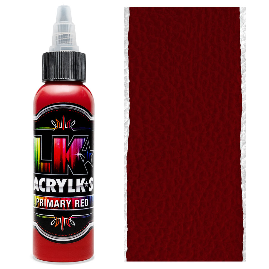 Liquid Kicks Acrylks Primary Red - Rouge LK ACRYLKS est la peinture ultime pour le cuir, la toile, le vinyle, le plastique, le métal, le papier, le bois et bien plus encore. Les LK ACRYLKS ont une valeur chromatique élevée et sont incroyablement faciles à mélanger. Les artistes aiment la passion