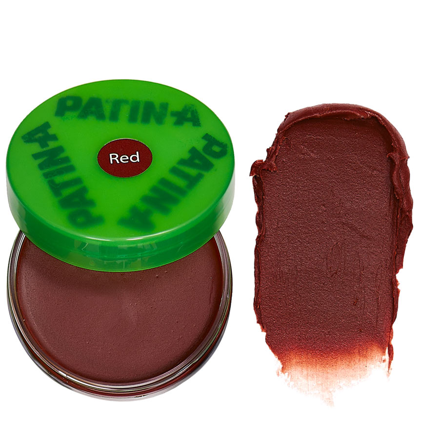 PATIN-CREME Rot Geöffnete Dose PATIN-CREME Rot mit Farbaufstrich zum Patinieren