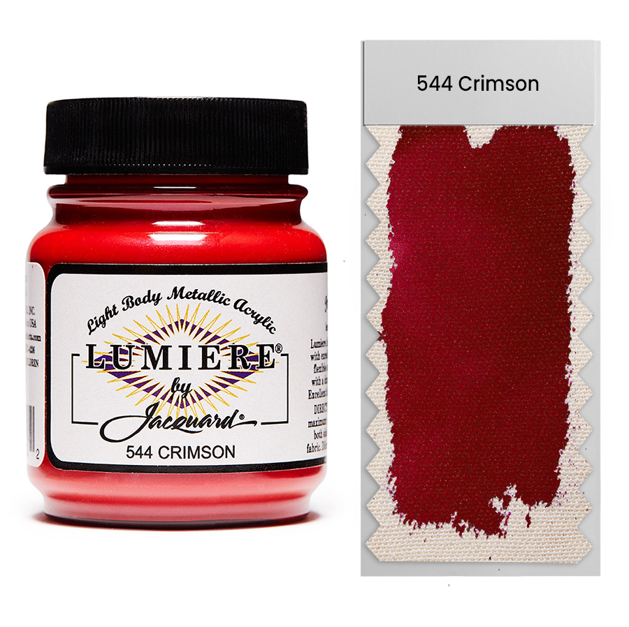Jacquard Lumiere 544 Crimson 67 ml Jar of Jacquard Lumiere 544 Crimson 67 ml with swatch, metallic and pearlescent paint