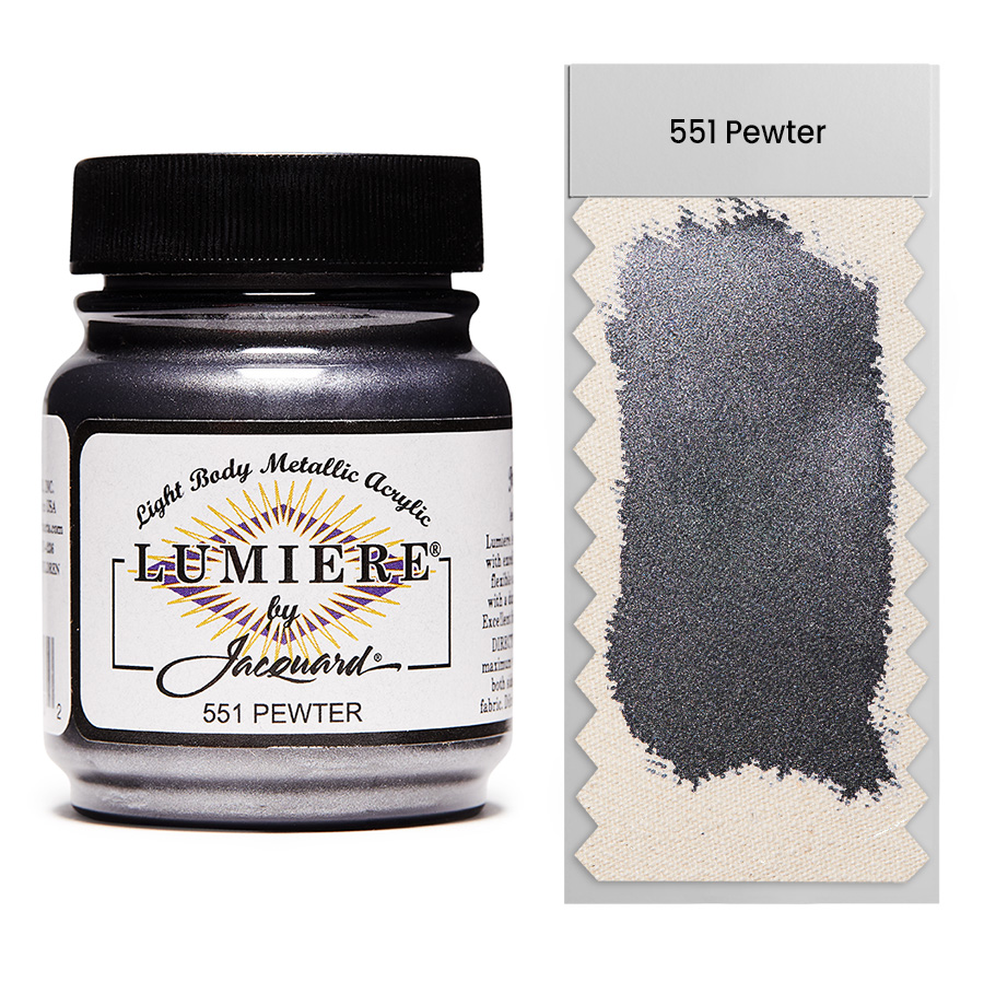 Jacquard Lumiere 551 Pewter 67 ml Jar of Jacquard Lumiere 551 Pewter 67 ml with swatch, metallic and pearlescent paint