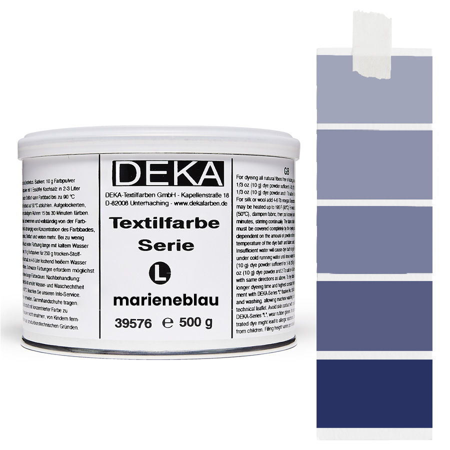 DEKA L Textilfarbe 500 g Marineblau Dose DEKA L Textilfarbe 500 g in Marineblau mit Farbmustern auf Stoff