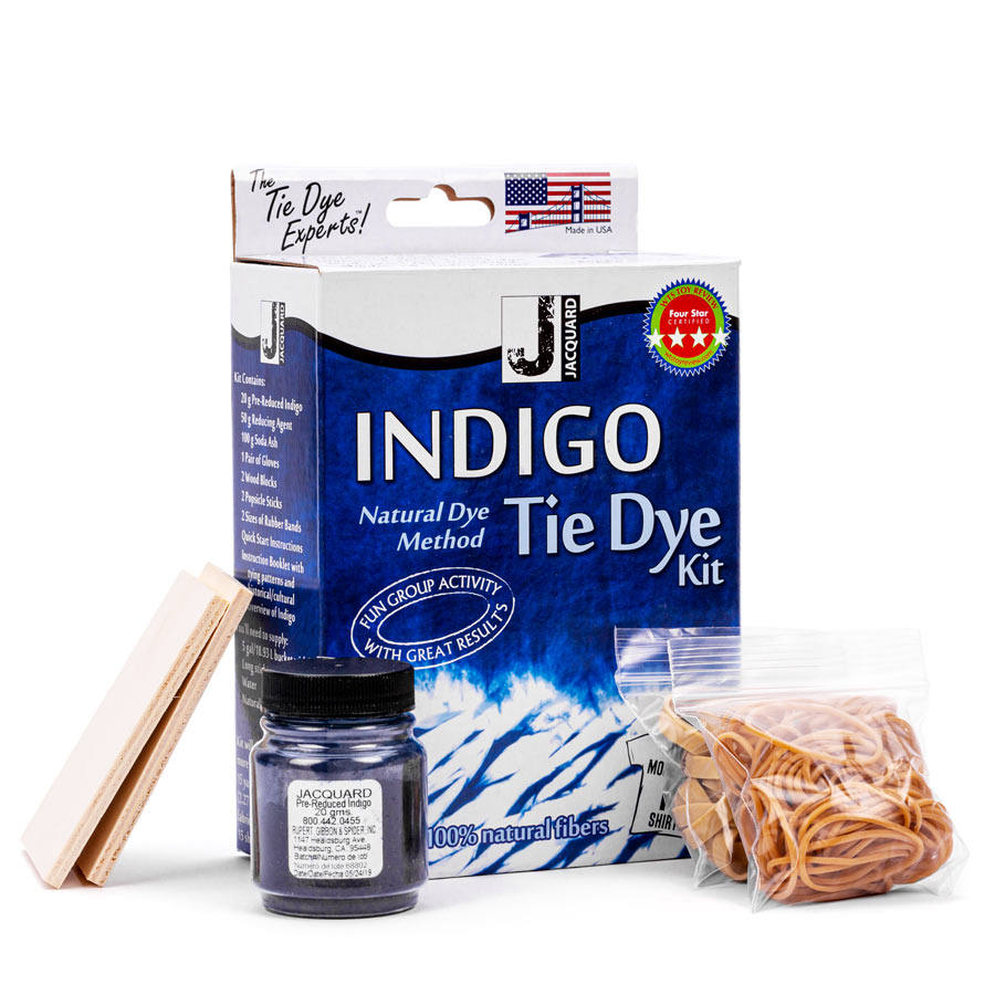 Jacquard Indigo Tie Dye Kit Jacquard Indigo Tie Dye Kit Schachtel mit Farbdose, Holzstäben und Gummibändern