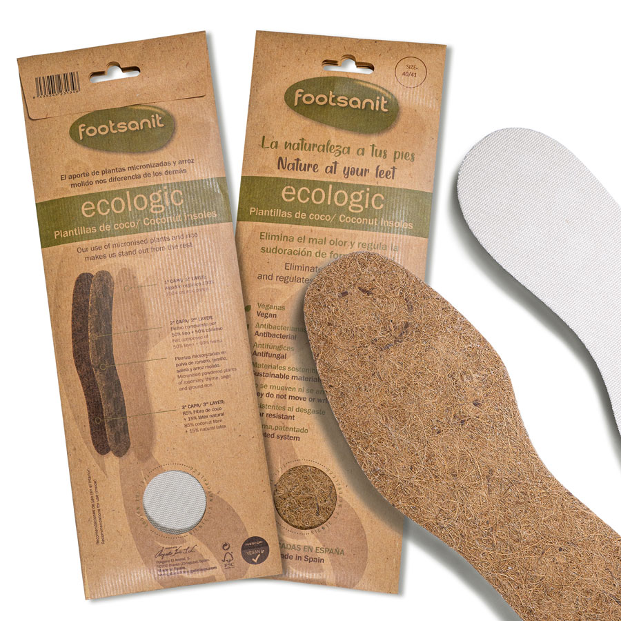 Flat coconut insole packaging Flat coconut insoles with Footsanit packaging