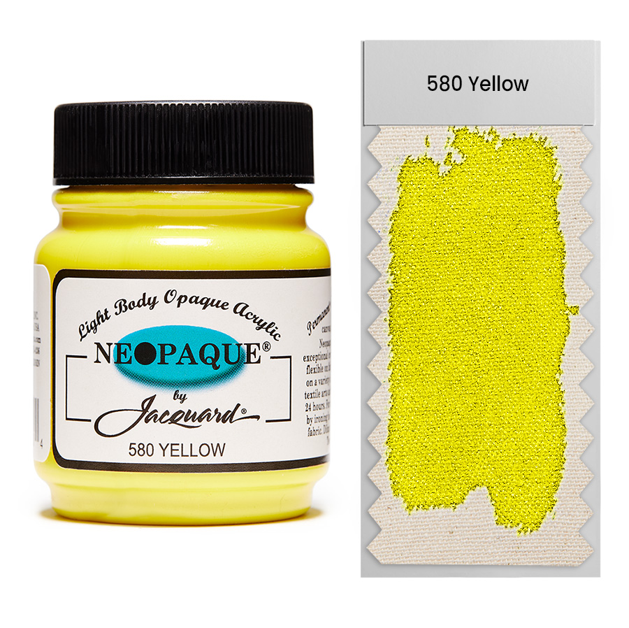 Jacquard Neopaque 580 Yellow 67 ml Dose Jacquard Neopaque 580 Yellow 67 ml mit Farbaufstrich auf Stoff, deckende Acrylfarbe