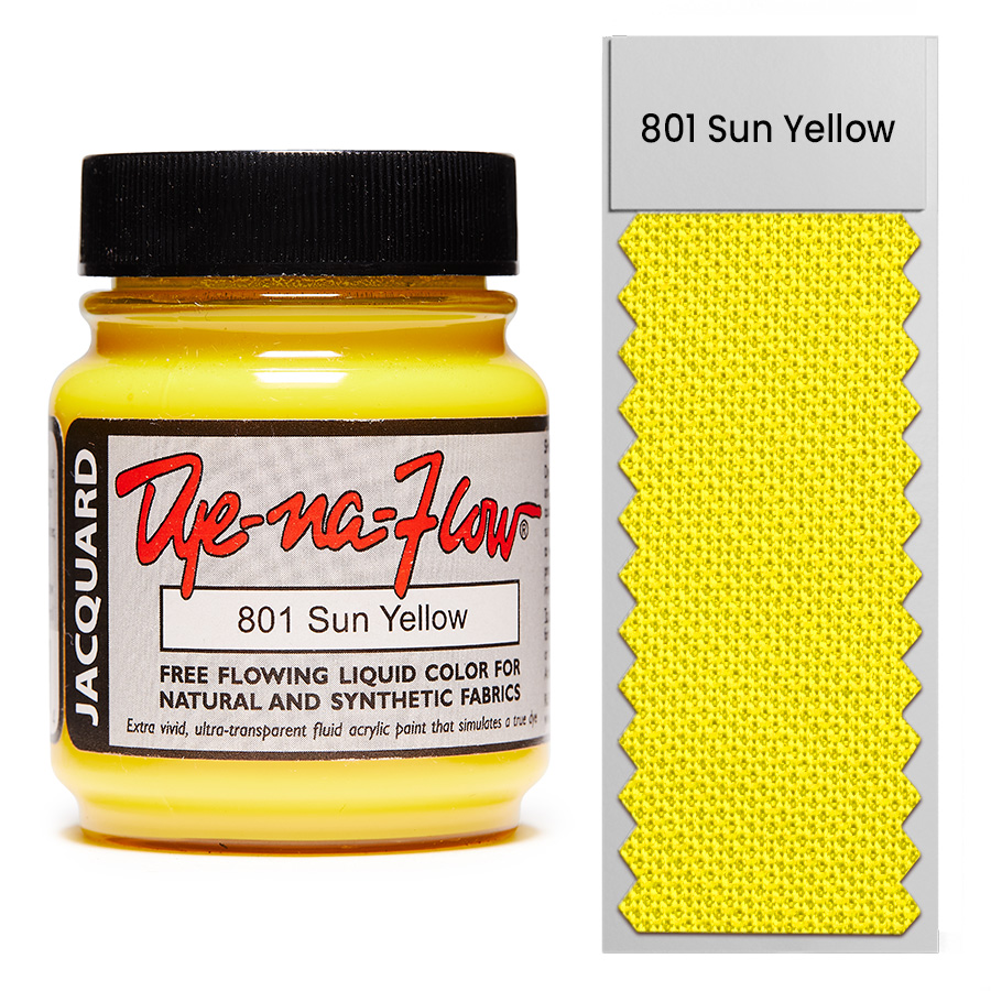 Jacquard Dye-Na-Flow 801 Sun Yellow 67 ml Flasche Jacquard Dye-Na-Flow 801 Sun Yellow 67 ml mit Farbmuster auf Stoff