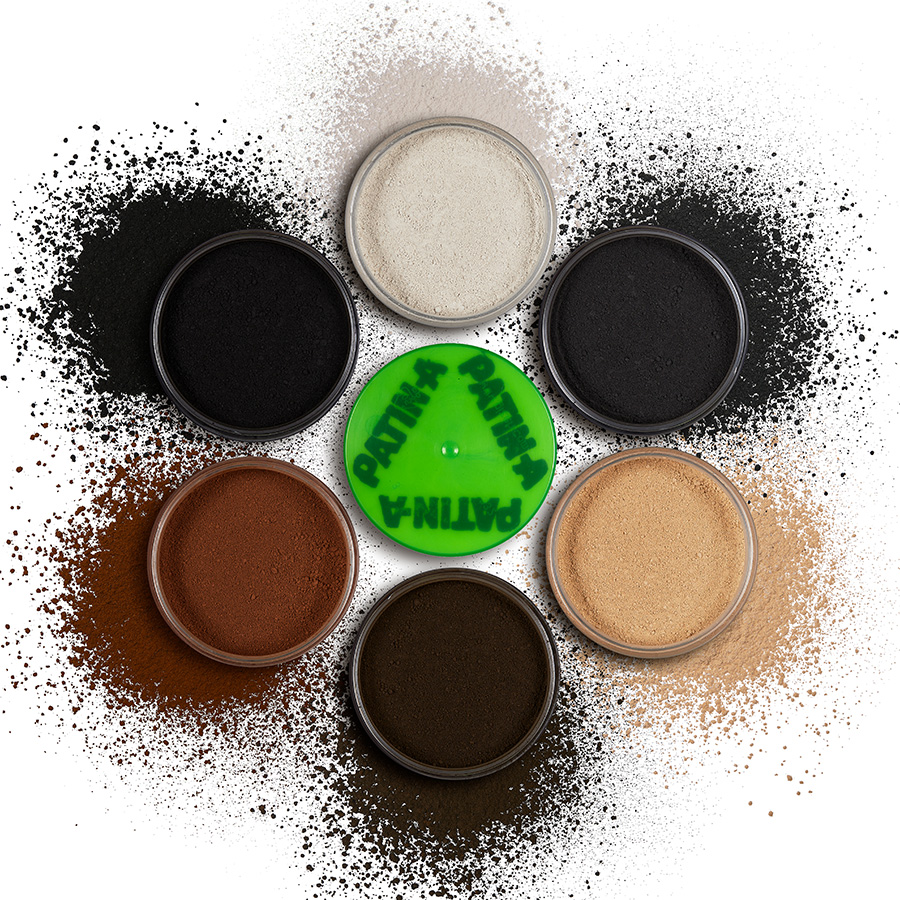 PATIN-POWDER Set 6 Farben PATIN-POWDER Set mit sechs Farben in offenen Dosen um einen Deckel