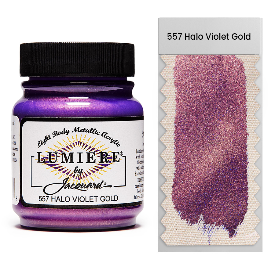 Jacquard Lumiere 557 Halo Violet Gold 67 ml Jar of Jacquard Lumiere 557 Halo Violet Gold 67 ml with swatch, metallic and pearlescent paint