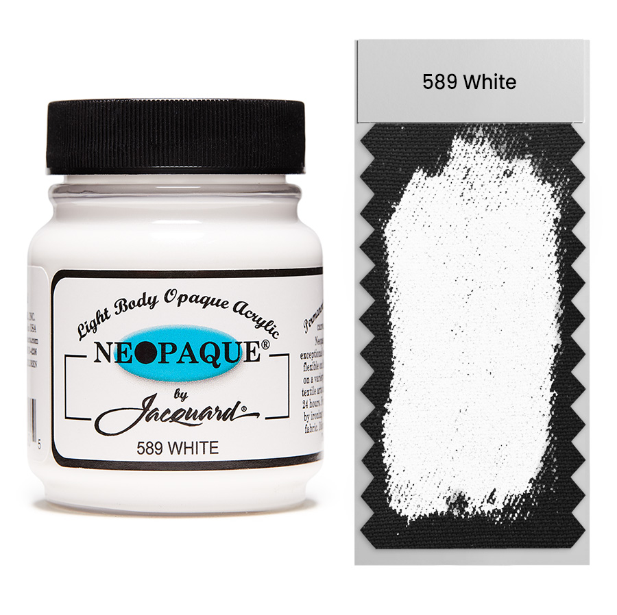 Jacquard Neopaque 589 White 67 ml Dose Jacquard Neopaque 589 White 67 ml mit Farbaufstrich auf Stoff, deckende Acrylfarbe