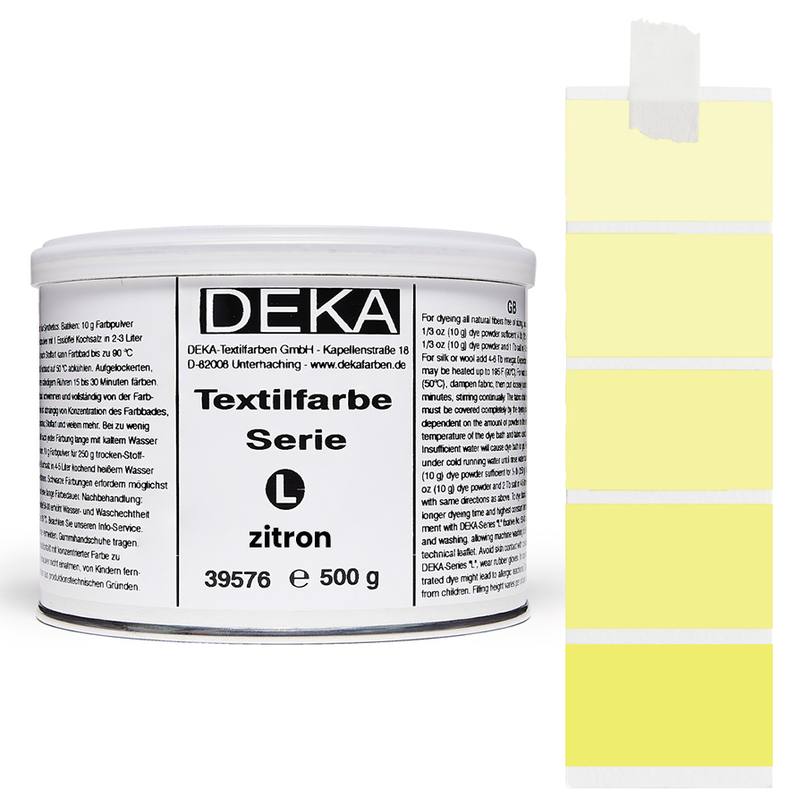 DEKA L Textilfarbe 500 g Zitron Dose DEKA L Textilfarbe 500 g in Zitron mit Farbmustern auf Stoff