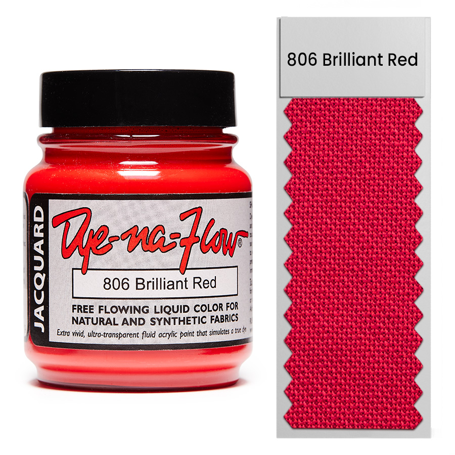 Jacquard Dye-Na-Flow 806 Brilliant Red 67 ml Flasche Jacquard Dye-Na-Flow 806 Brilliant Red 67 ml mit Farbmuster auf Stoff