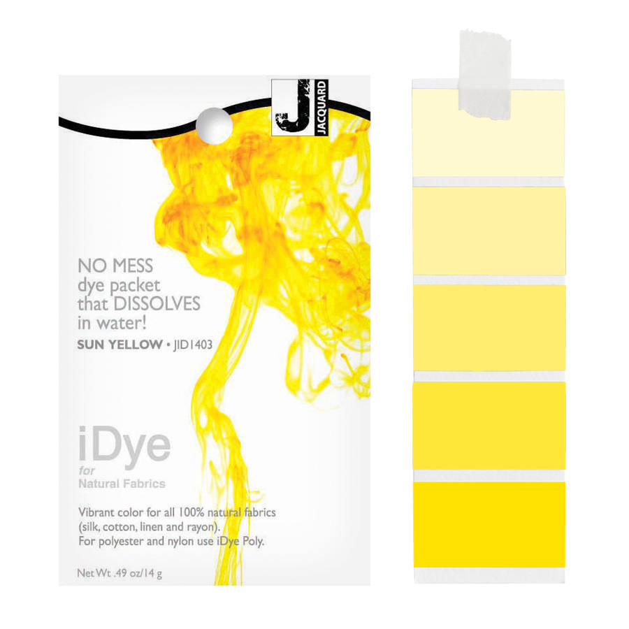 Jacquard iDye Natural 403 Sun Yellow Packung Jacquard iDye Natural 403 Sun Yellow mit sich lösender Farbe im Wasser und Farbmustern in Sonnengelb