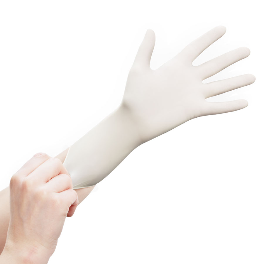 Latexhandschuhe puderfrei Puderfreier Latexhandschuh wird angezogen