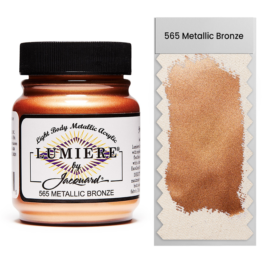 Jacquard Lumiere 565 Metallic Bronze 67 ml Jar of Jacquard Lumiere 565 Metallic Bronze 67 ml with swatch, metallic and pearlescent paint
