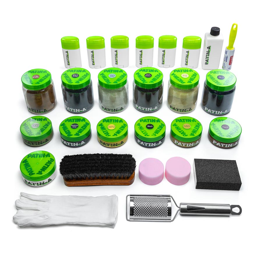 PATIN-A SET 2 Patinierset in Tasche Inhalt PATIN-A SET 2 ausgelegt: Patinierprodukte, Bürste, Schwämme, Reibe und Handschuhe
