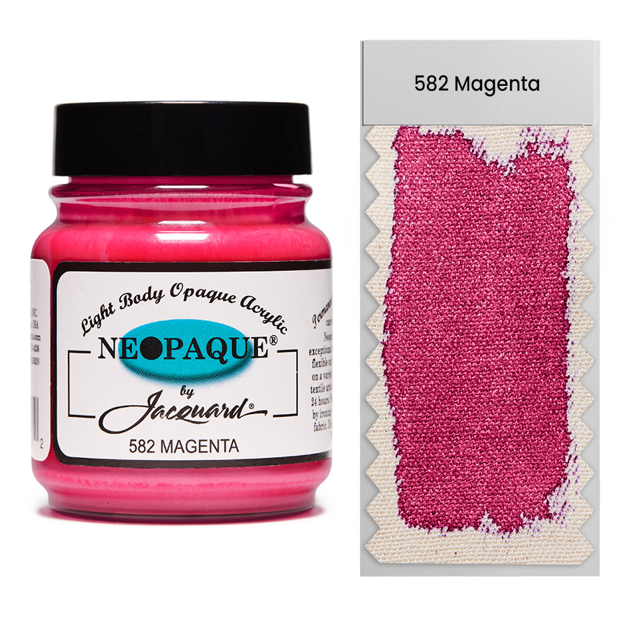 Jacquard Neopaque 582 Magenta 67 ml Dose Jacquard Neopaque 582 Magenta 67 ml mit Farbaufstrich auf Stoff, deckende Acrylfarbe