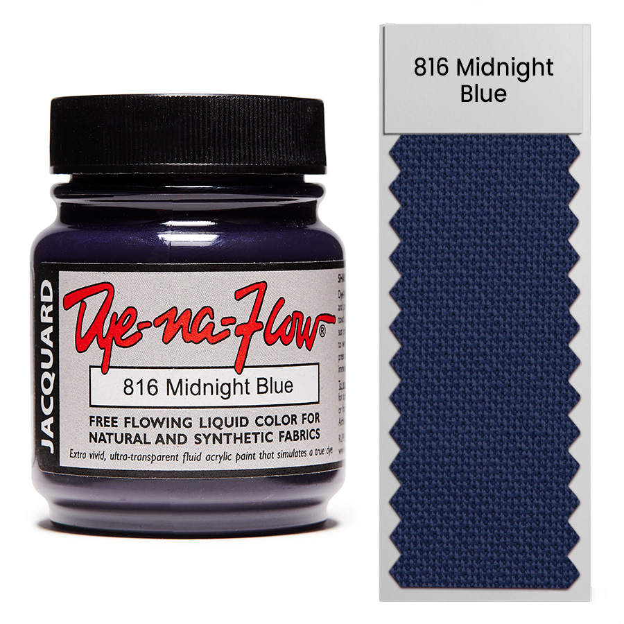 Jacquard Dye-Na-Flow 816 Midnight Blue 67 ml Flasche Jacquard Dye-Na-Flow 816 Midnight Blue 67 ml mit Farbmuster auf Stoff