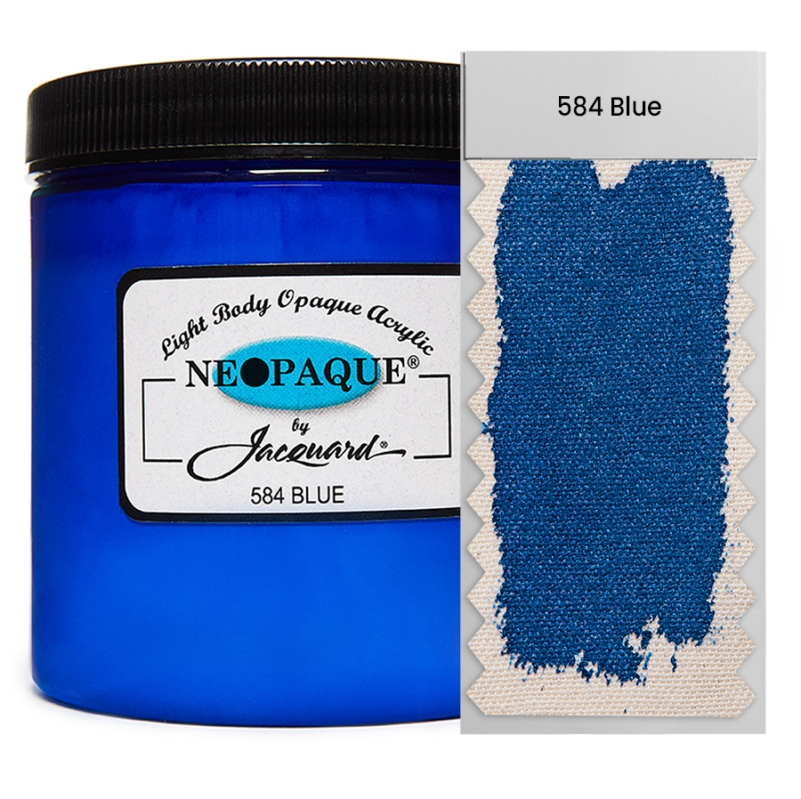 Jacquard Neopaque 584 Blue 236 ml Dose Jacquard Neopaque 584 Blue 236 ml mit Farbaufstrich auf Stoff, deckende Acrylfarbe