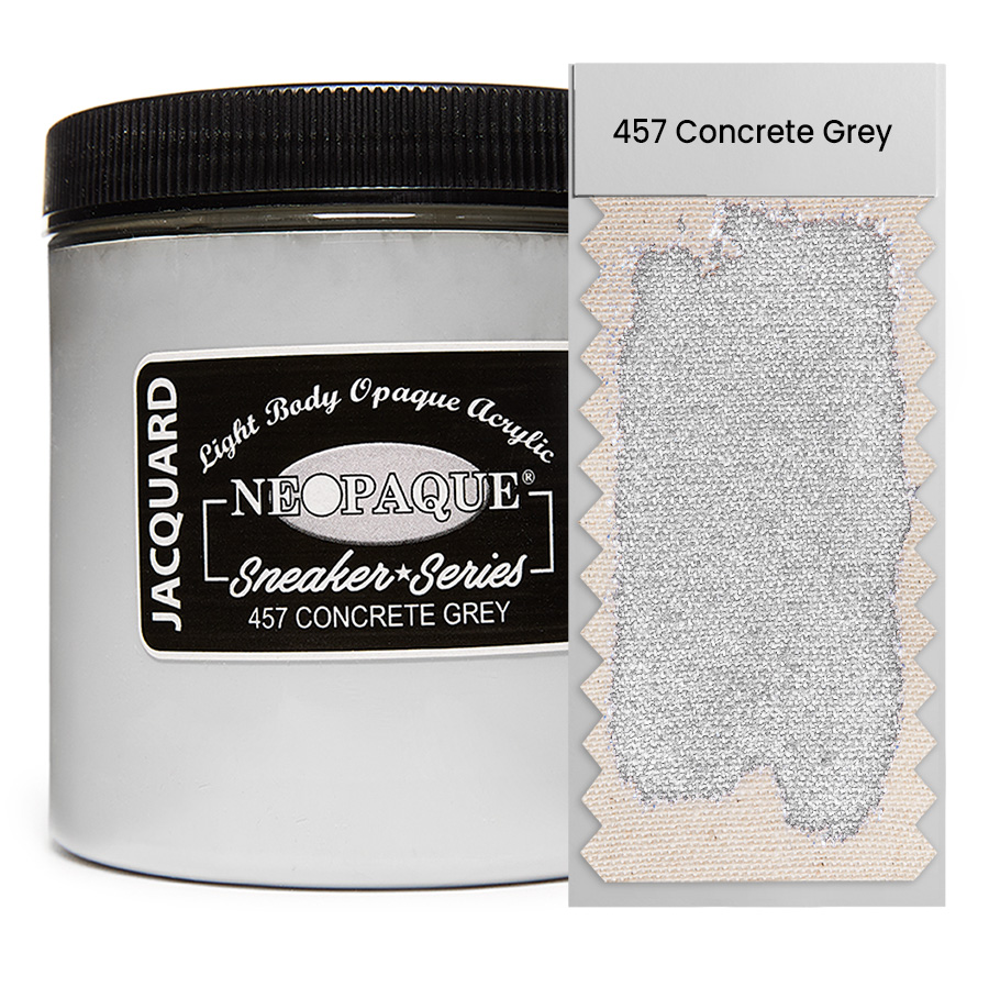 Jacquard Neopaque Sneaker 457 Concrete Grey 236 ml Dose Jacquard Neopaque Sneaker 457 Concrete Grey 236 ml mit Farbaufstrich auf Stoff, deckende Acrylfarbe
