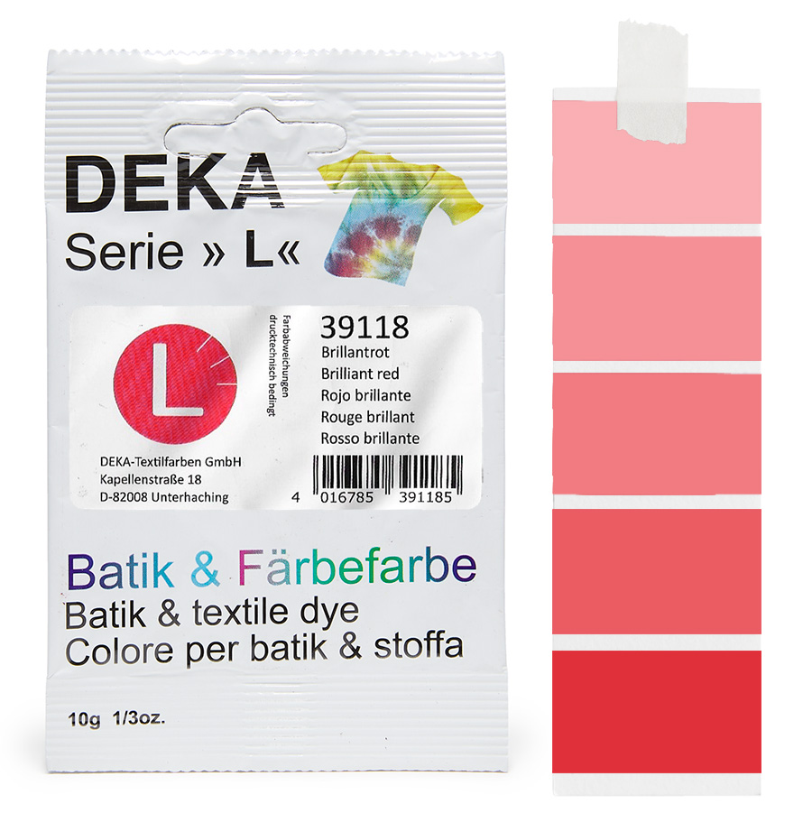 DEKA L teinture batik rouge brillant 10 g Sachet de teinture batik DEKA série L rouge brillant, 10 g, avec dégradé