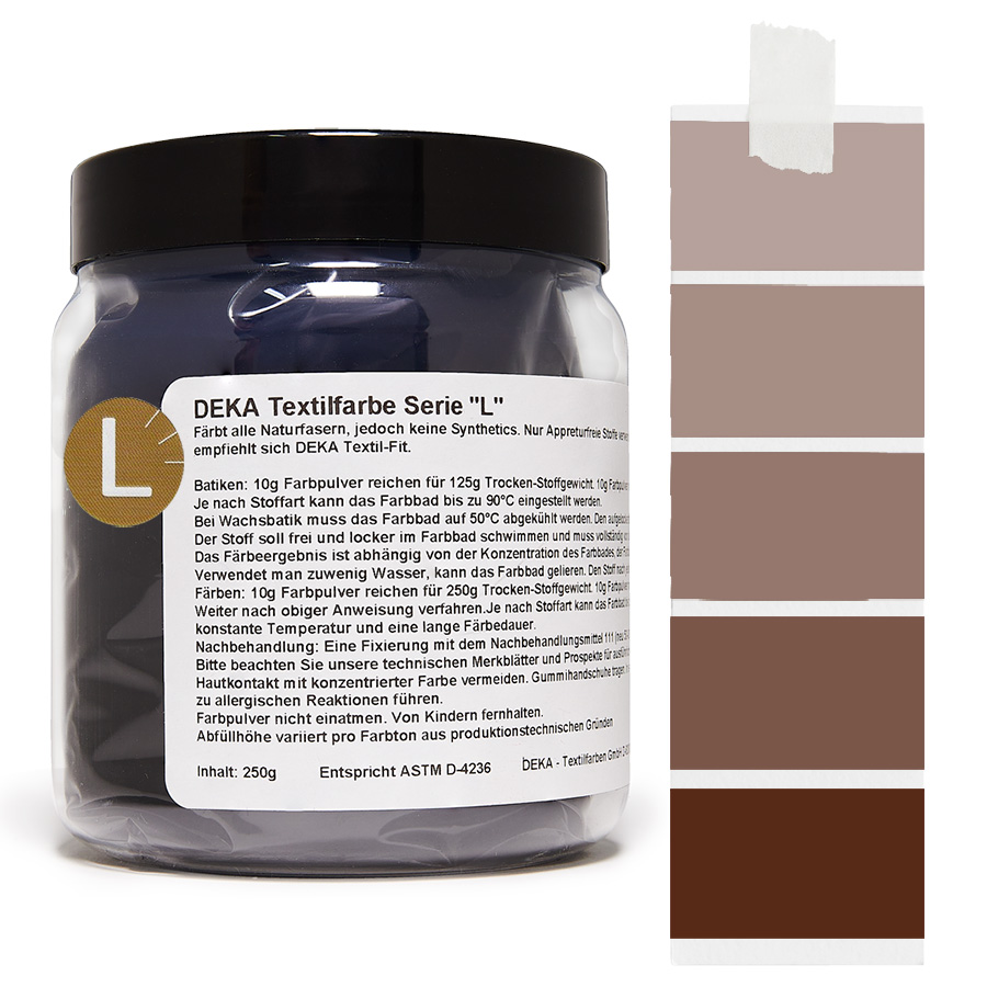 DEKA L Textilfarbe 250 g Modebraun Dose DEKA L Textilfarbe 250 g in Modebraun mit Farbmustern auf Stoff
