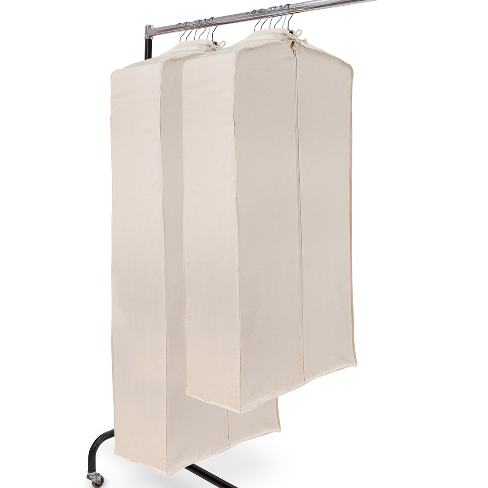 Collection garment bag two sizes Cotton collection garment bag with side gusset, two sizes 116 and 146 cm on a clothes rail