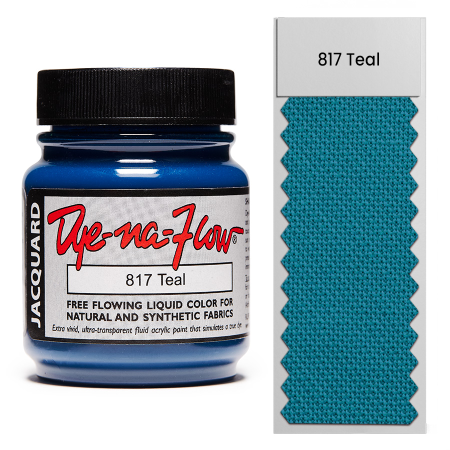 Jacquard Dye-Na-Flow 817 Teal 67 ml Flasche Jacquard Dye-Na-Flow 817 Teal 67 ml mit Farbmuster auf Stoff