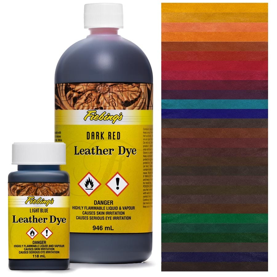 Fiebing's Leather Dye Dark Red en deux tailles avec échantillons