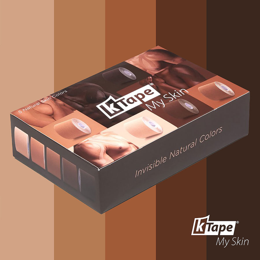K-Tape MySkin Skin Tone Kinesio Tape K-Tape MySkin box in front of colour stripes in five skin tones