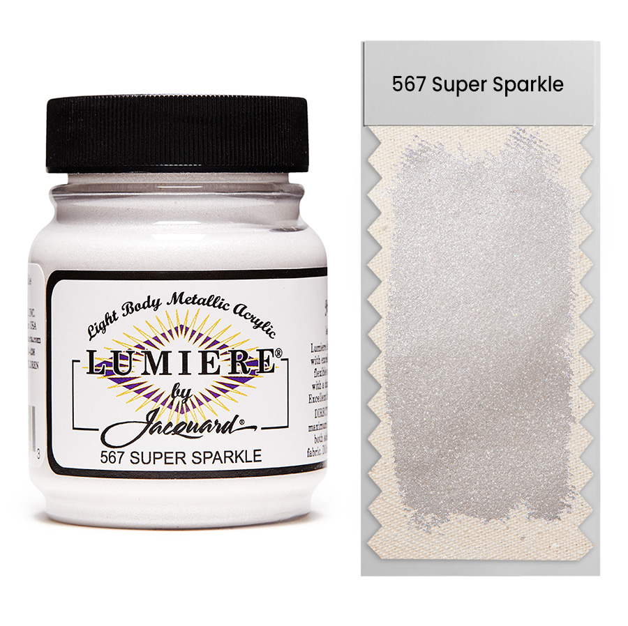 Jacquard Lumiere 567 Super Sparkle 67 ml Jar of Jacquard Lumiere 567 Super Sparkle 67 ml with swatch, metallic and pearlescent paint