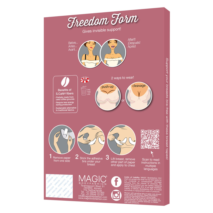 Magic Bodyfashion Freedom Form Adhesive Support Back of the Freedom Form pack with application instructions