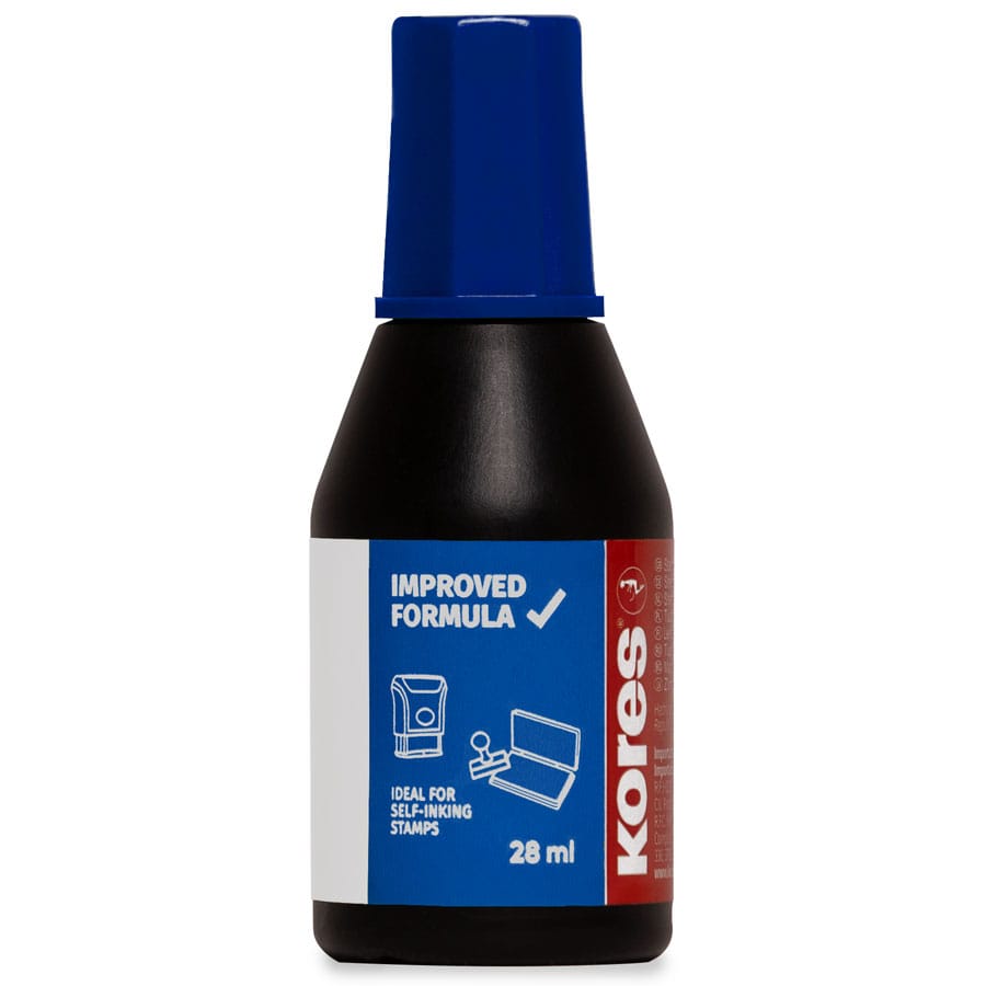 Die Kores® Stempelfarbe  ist UVA-beständig und die ist In den Farben: Rot – Violett – Blau – Grün – Schwarz zu erwerben.