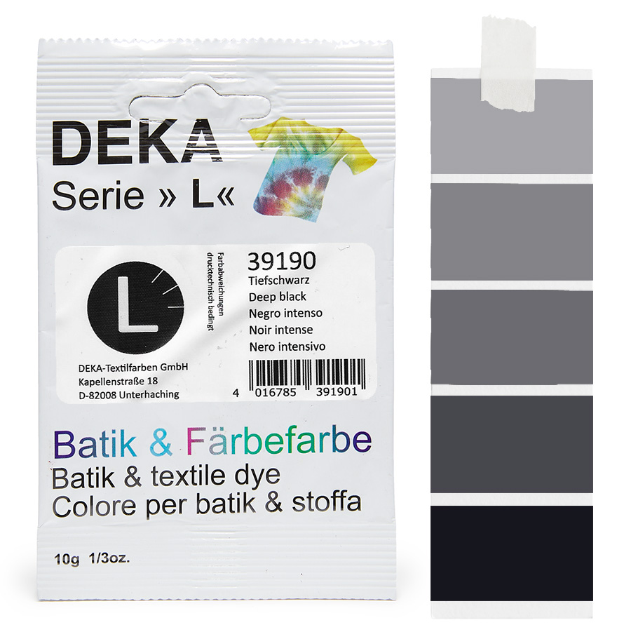 DEKA L teinture batik noir profond 10 g Sachet de teinture batik DEKA série L noir profond, 10 g, avec dégradé