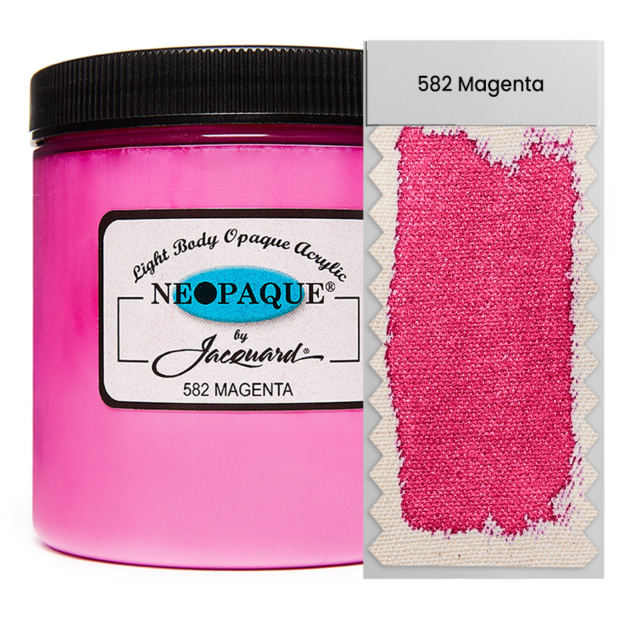 Jacquard Neopaque 582 Magenta 236 ml Dose Jacquard Neopaque 582 Magenta 236 ml mit Farbaufstrich auf Stoff, deckende Acrylfarbe