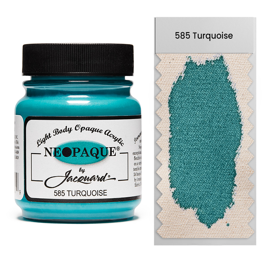 Jacquard Neopaque 585 Turquoise 67 ml Dose Jacquard Neopaque 585 Turquoise 67 ml mit Farbaufstrich auf Stoff, deckende Acrylfarbe