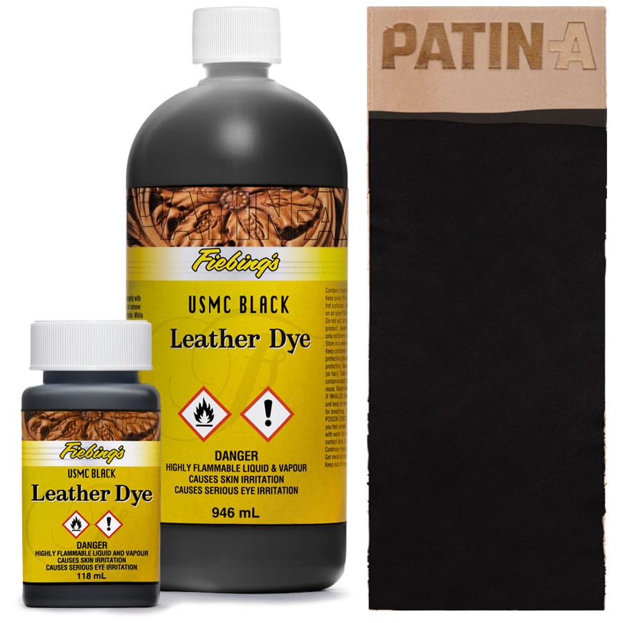 Fiebing's USMC Black Fiebing's Leather Dye USMC Black en 118 ml et 946 ml avec échantillon