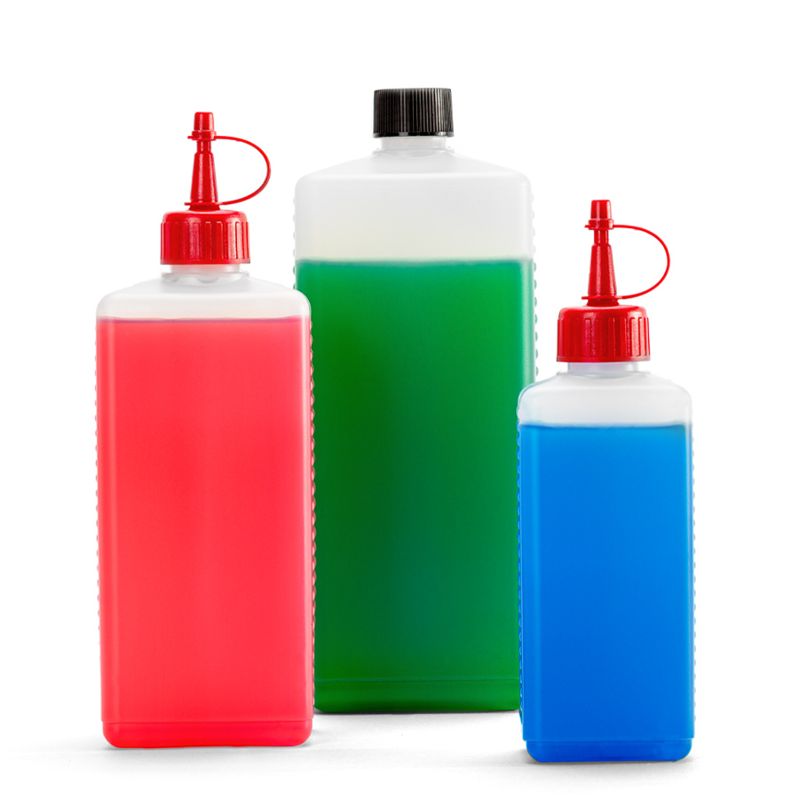Spritzflasche mit Verschluss Spritzflaschen mit roter, grüner und blauer Flüssigkeit