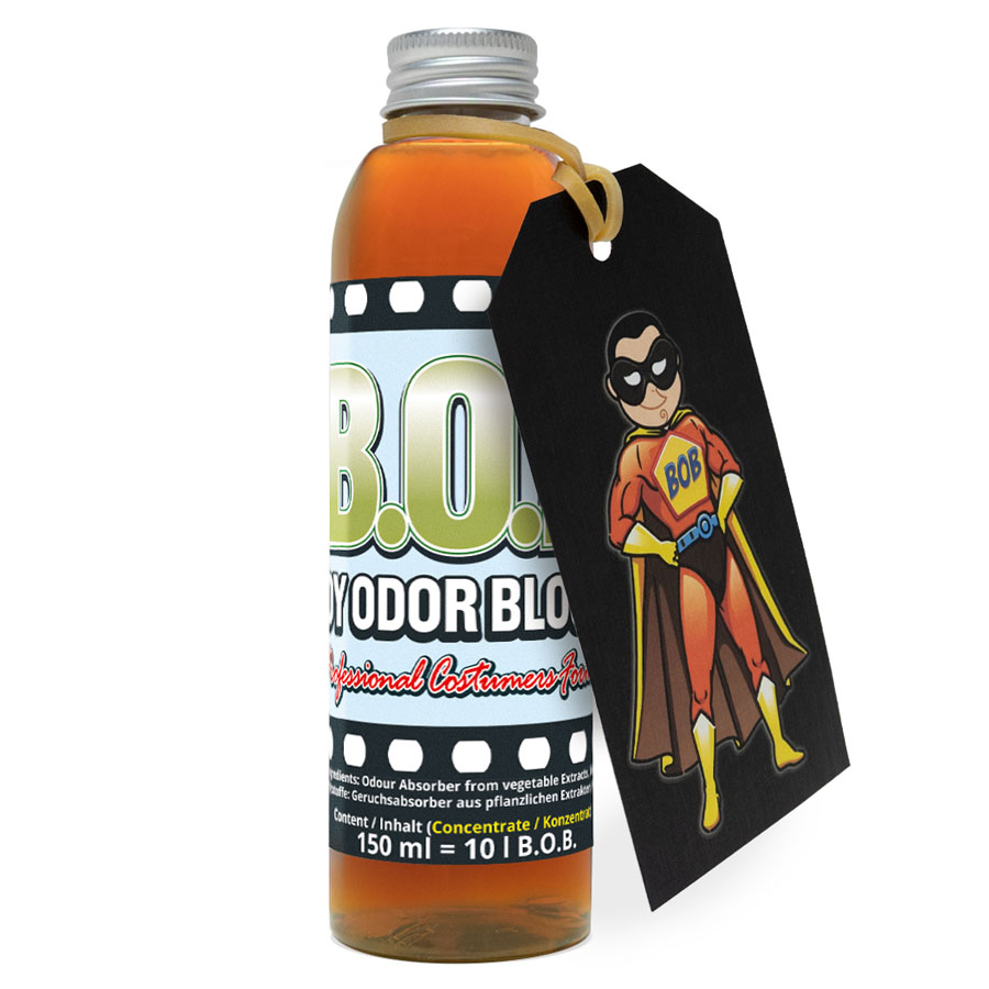 Body Odor Blockout - B.O.B.™, the best odor remover for costumes, is now available as a concentrate for mixing yourself. 150 ml of concentrate yields 10 liters of highly effective odor blocker.