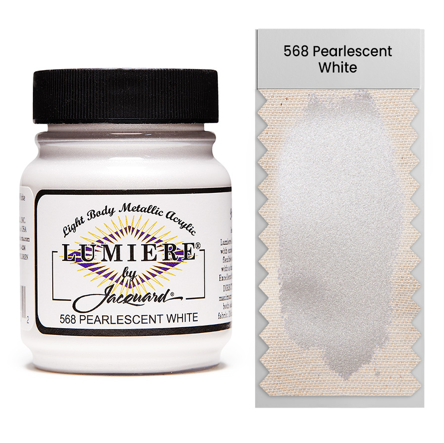 Jacquard Lumiere 568 Pearlescent White 67 ml Jar of Jacquard Lumiere 568 Pearlescent White 67 ml with swatch, metallic and pearlescent paint