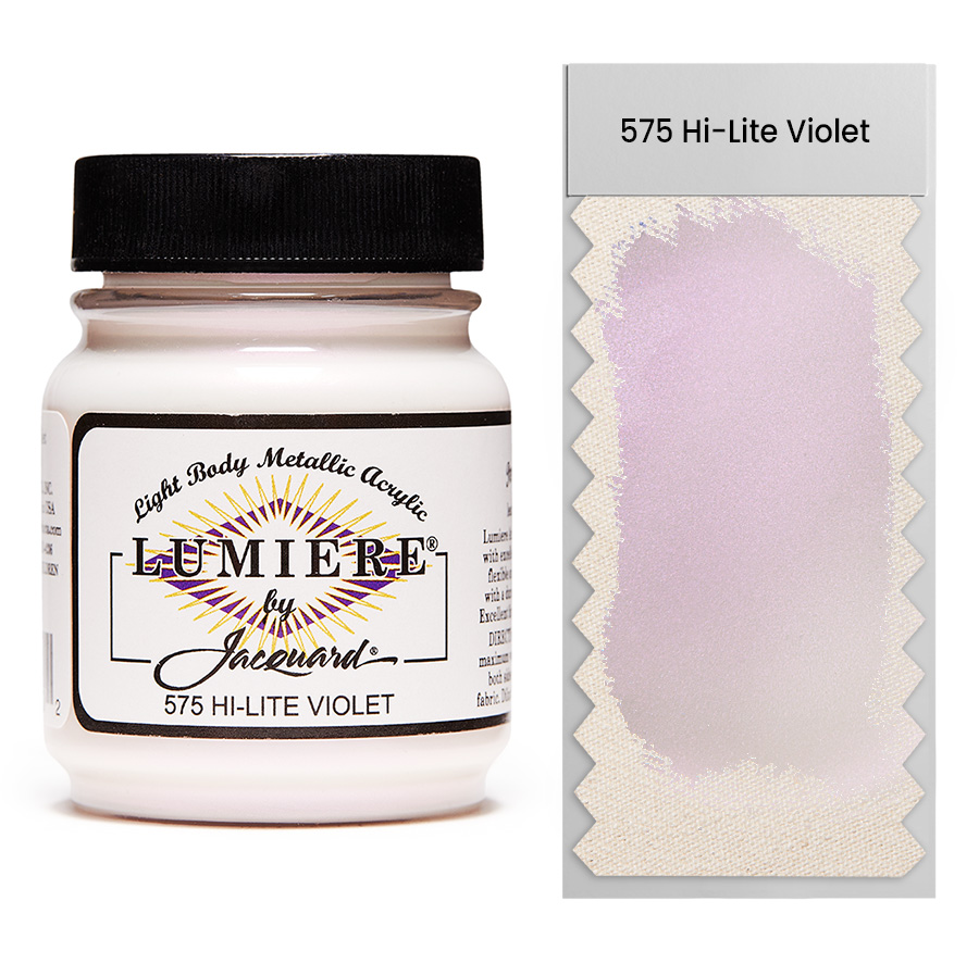 Jacquard Lumiere 575 Hi-Lite Violet 67 ml Jar of Jacquard Lumiere 575 Hi-Lite Violet 67 ml with swatch, metallic and pearlescent paint