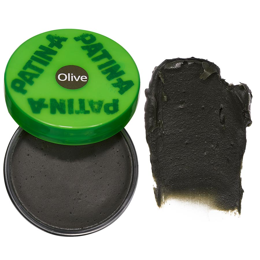 PATIN-CREME Oliv Geöffnete Dose PATIN-CREME Oliv mit Farbaufstrich zum Patinieren