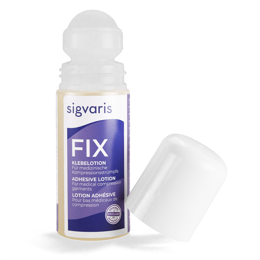 Sigvaris Fix ouvert Flacon ouvert de colle roll-on Sigvaris Fix, bouchon retiré
