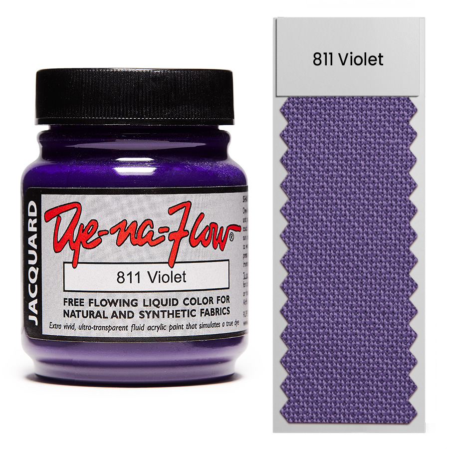 Jacquard Dye-Na-Flow 811 Violet 67 ml Flasche Jacquard Dye-Na-Flow 811 Violet 67 ml mit Farbmuster auf Stoff