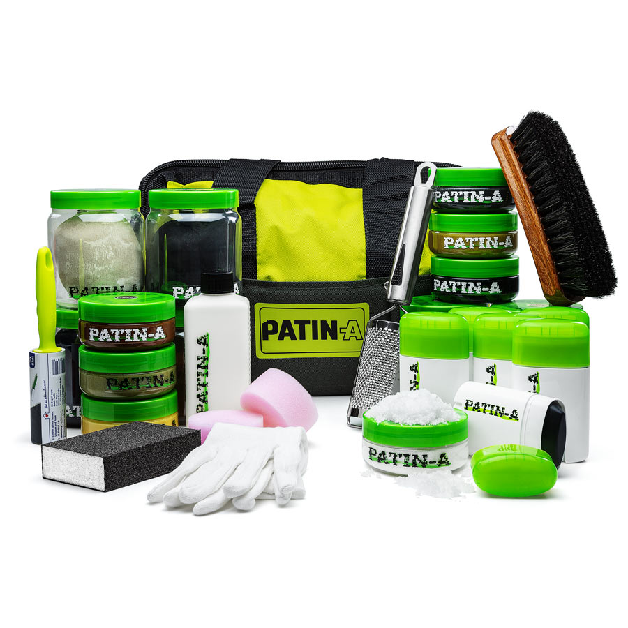 PATIN-A SET 2 Patinierset in Tasche PATIN-A SET 2 mit Produkten vor der gelb-schwarzen Tasche
