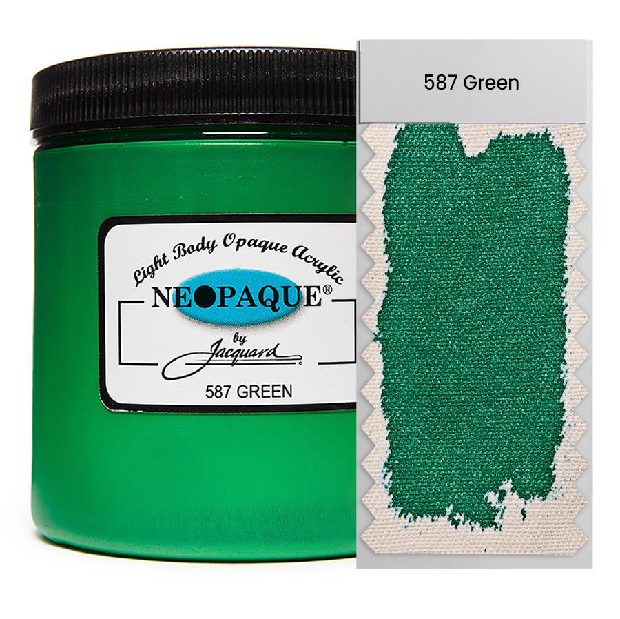 Jacquard Neopaque 587 Green 236 ml Dose Jacquard Neopaque 587 Green 236 ml mit Farbaufstrich auf Stoff, deckende Acrylfarbe