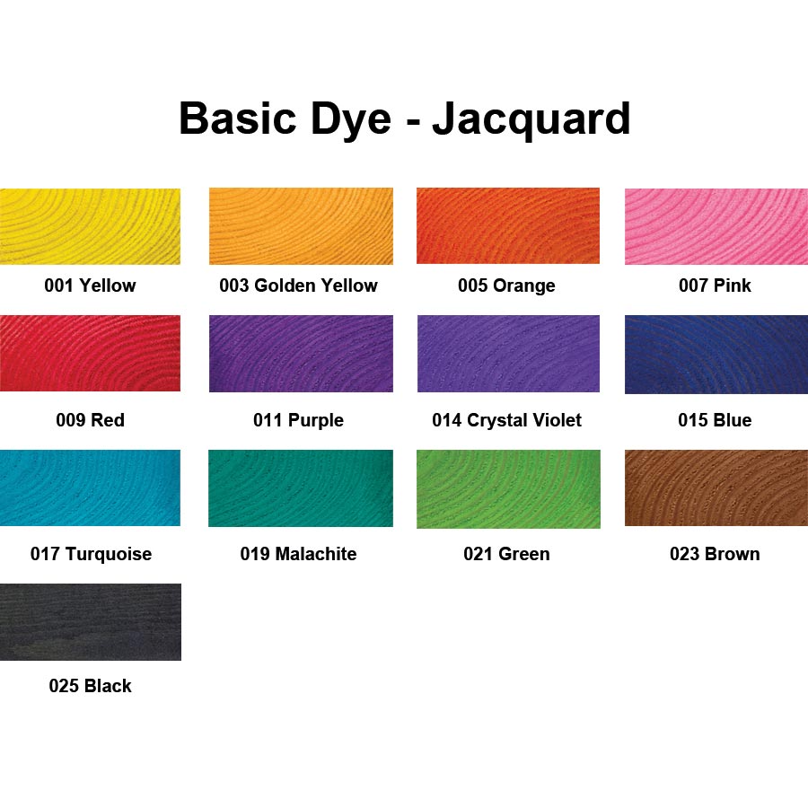 Jacquard Basic Dye Polyacryl Textilfarbe 14 g Farbkarte Jacquard Basic Dye mit 13 Farbtönen von 001 Yellow bis 025 Black