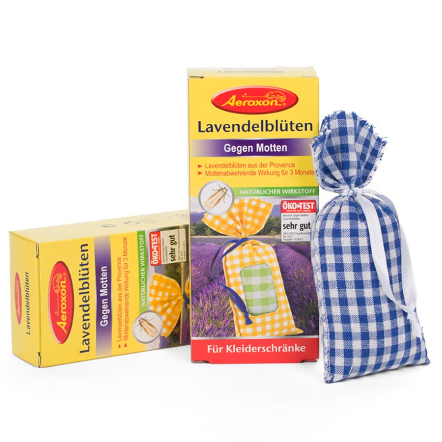Aeroxon-Lavendelblueten-Mottenschutz-zwei-Verpackungen-ein-Sack