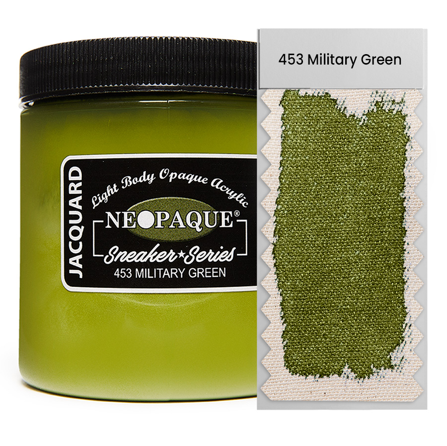Jacquard Neopaque Sneaker 453 Military Green 236 ml Dose Jacquard Neopaque Sneaker 453 Military Green 236 ml mit Farbaufstrich auf Stoff, deckende Acrylfarbe