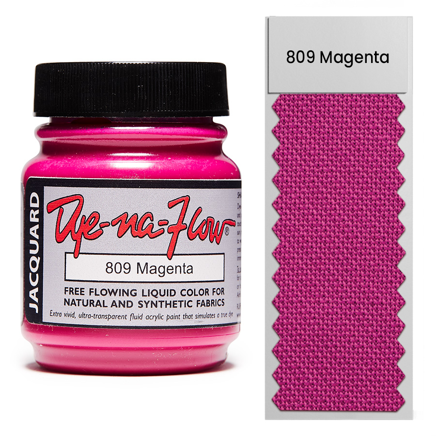Jacquard Dye-Na-Flow 809 Magenta 67 ml Flasche Jacquard Dye-Na-Flow 809 Magenta 67 ml mit Farbmuster auf Stoff