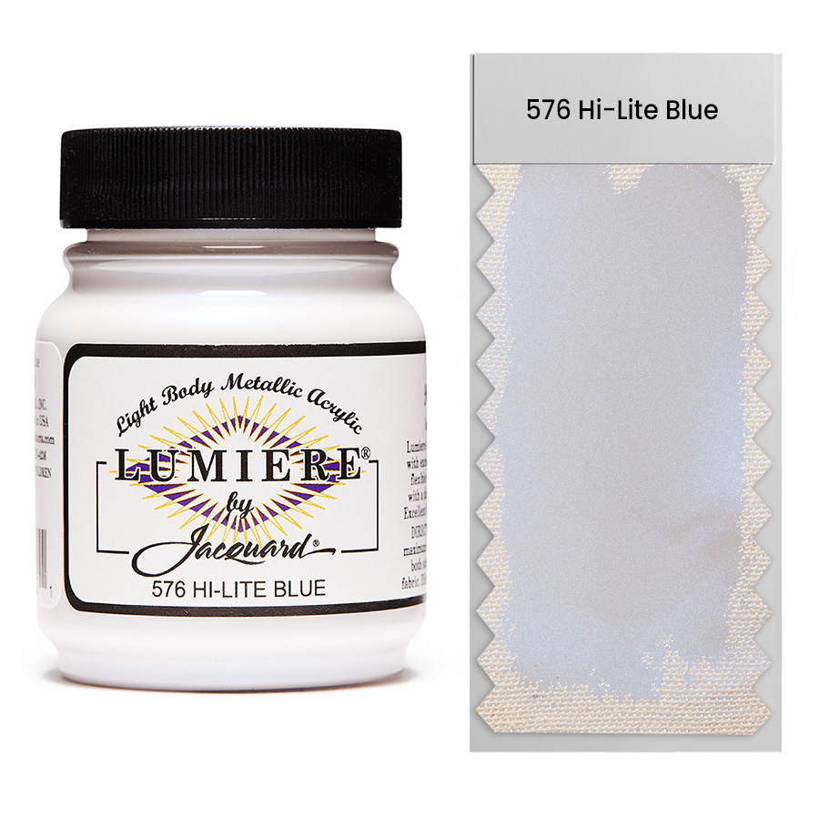 Jacquard Lumiere 576 Hi-Lite Blue 67 ml Jar of Jacquard Lumiere 576 Hi-Lite Blue 67 ml with swatch, metallic and pearlescent paint
