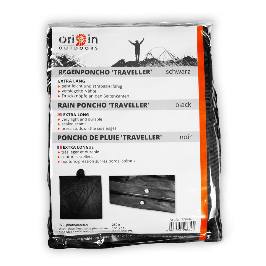 Poncho Schwarz Origin Wetterschutz Wasserdicht faltbar in der Verpackung